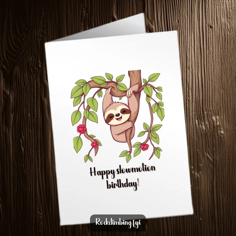 Funny Free Printable Birthday Card: Cheerful sloth dangling happily from a thick vine, celebrating a relaxed birthday.