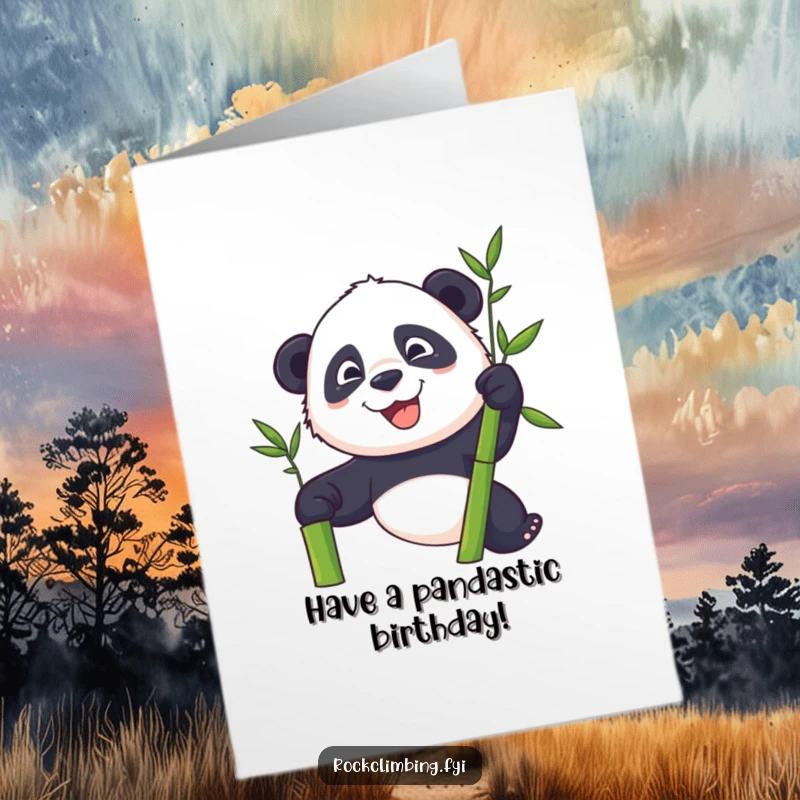 Funny Free Printable Birthday Card: Playful panda with a determined grin climbing a tall bamboo stalk, celebrating a birthday.