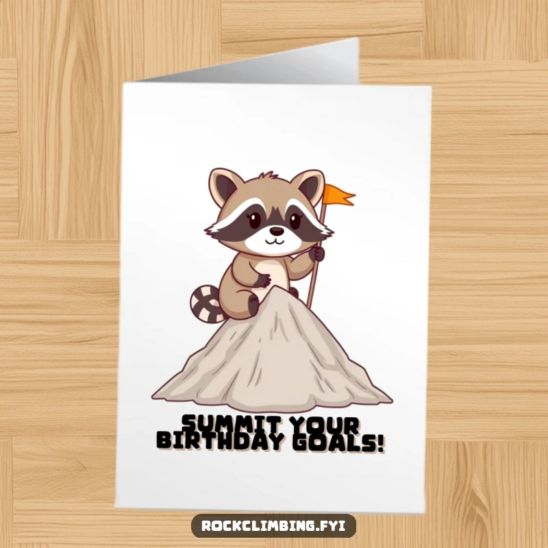 Funny Free Printable Birthday Card showing a mischievous raccoon planting a flag on a small peak summit.
