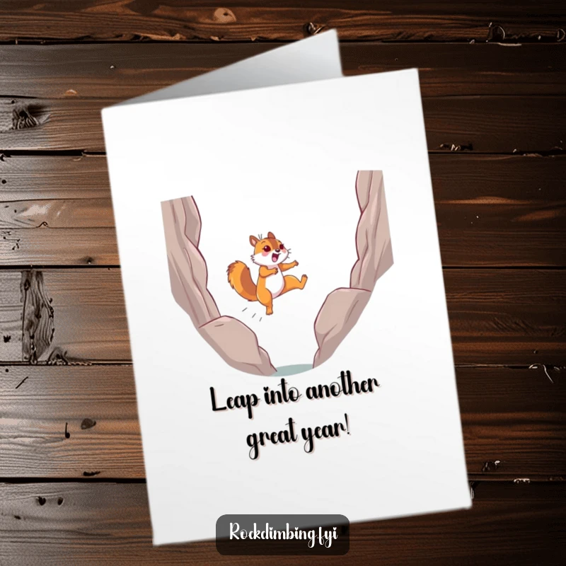 Funny Free Printable Birthday Card featuring a determined squirrel joyfully leaping across a chasm between rocks.
