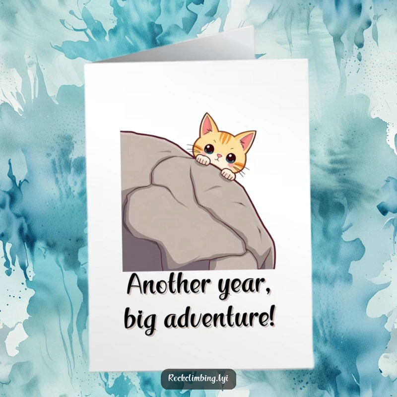 Funny Free Printable Birthday Card: A curious cat peers over a huge boulder's edge, whiskers twitching, plotting its next move.
