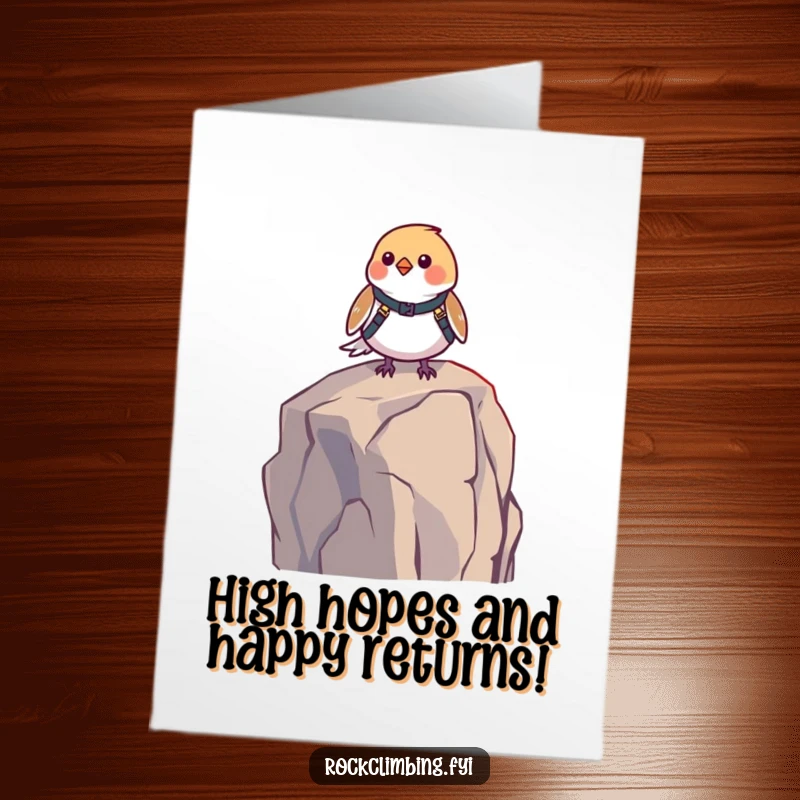 Funny Free Printable Birthday Card featuring a small bird in a harness, bravely perched on a high rock, ready to celebrate.