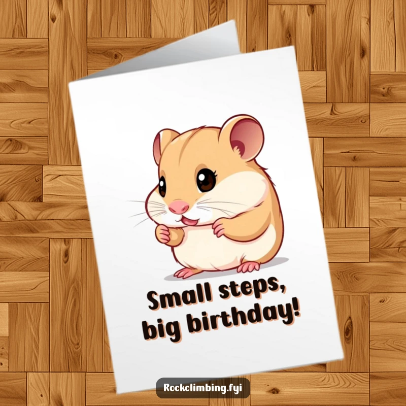 Funny Free Printable Hamster Birthday Card: A curious hamster eyes tiny climbing holds. A cute downloadable gift for birthdays.