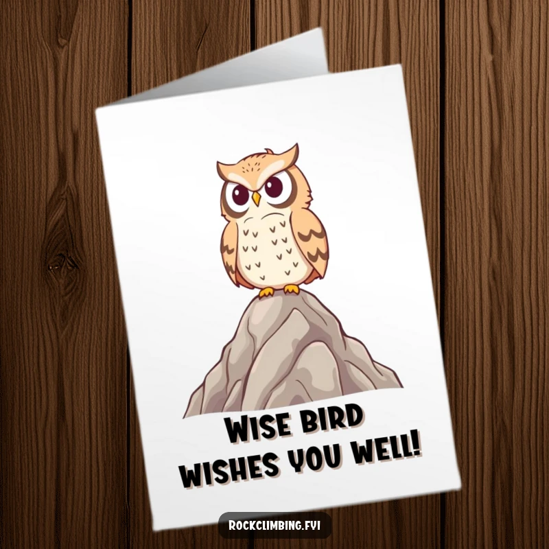 Funny Free Printable Owl Birthday Card featuring a wise owl perched on a peak, ready to judge your cake.