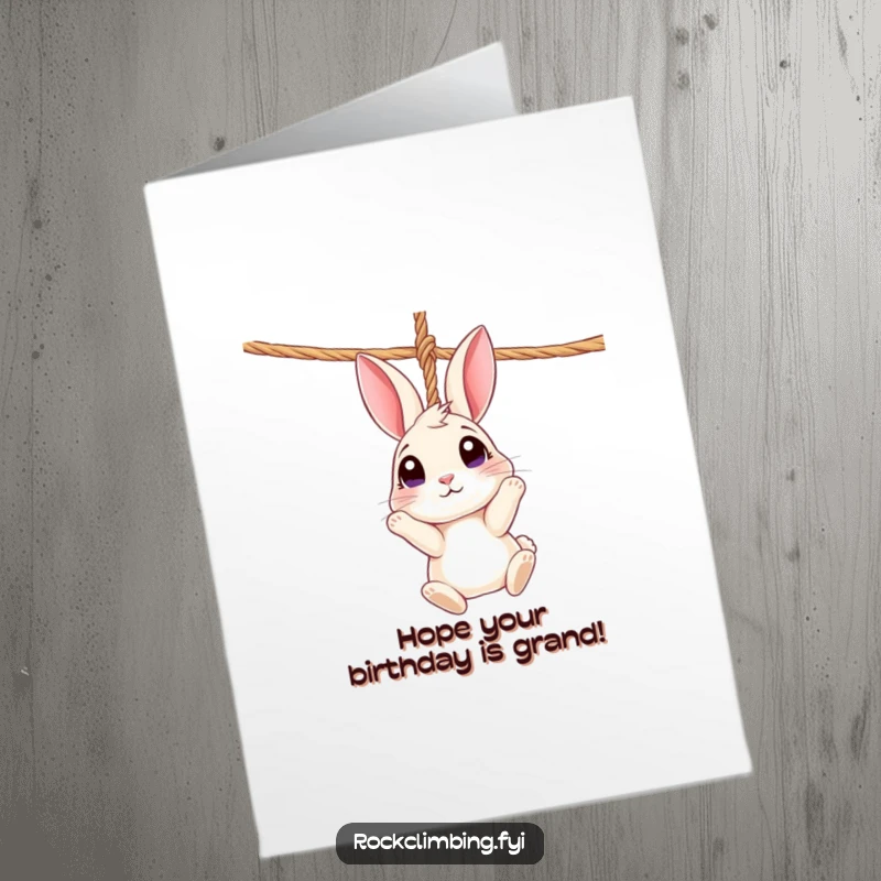 Funny Free Printable Birthday Card: Curious rabbit dangling from a rope, looking up with wide, amazed eyes.
