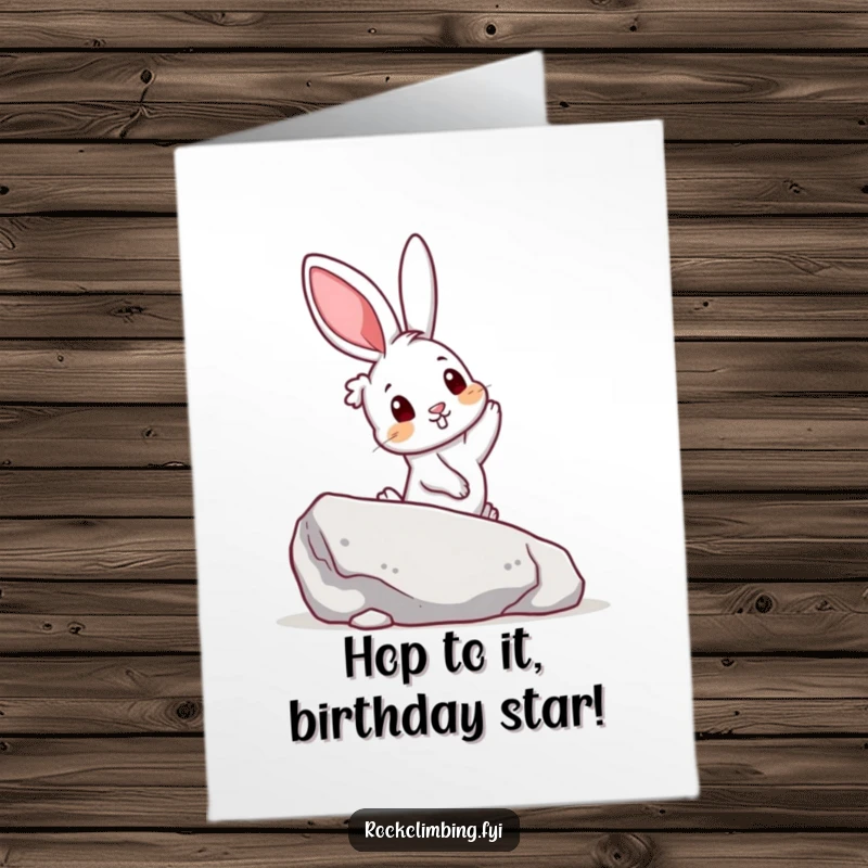 Funny Free Printable Birthday Card: A curious rabbit reaching for a vibrant handhold on a boulder, ready to climb.