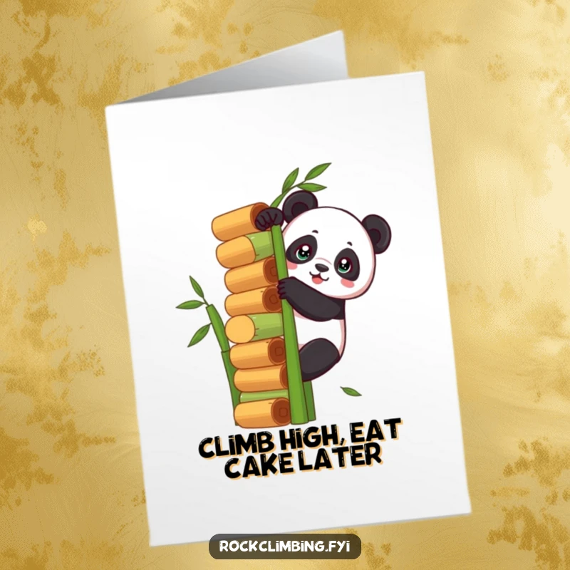 Funny Free Printable Birthday Card featuring a determined panda scaling a giant bamboo stack, reaching new heights.