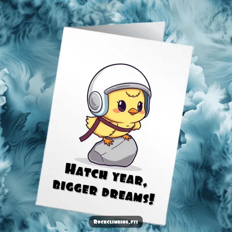 Funny Free Printable Birthday Card: A determined chick in a helmet scaling a tiny pebble, humorous downloadable design.