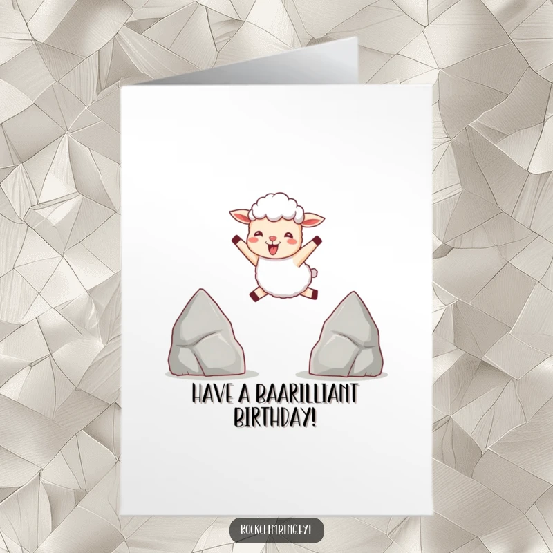 Funny Free Printable Birthday Card: A delighted sheep joyfully leaping between two pointed rocks, celebrating a birthday.