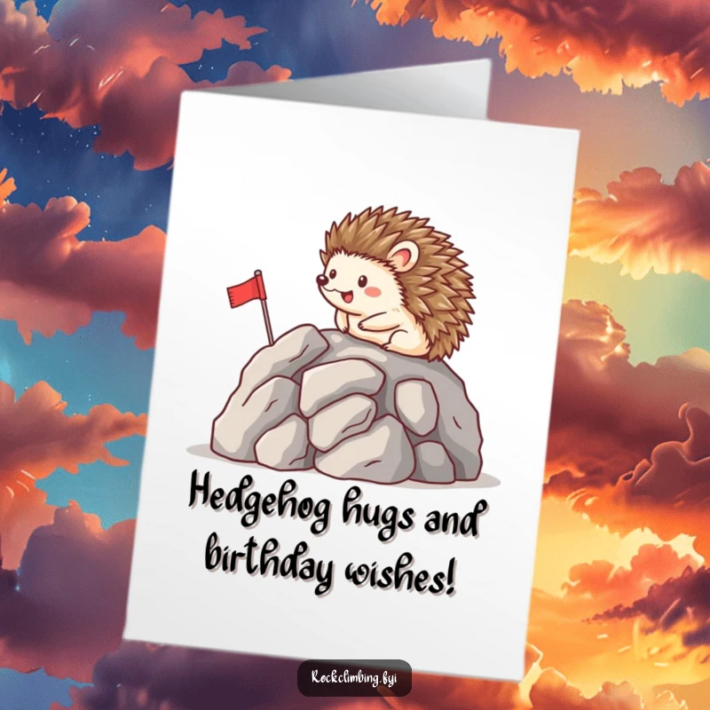 Funny Free Printable Birthday Card: Happy hedgehog proudly plants a flag on a rocky peak, celebrating a birthday.
