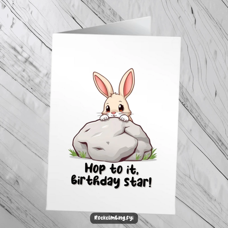 Funny Free Printable Birthday Card: Curious rabbit with determined look peeking over a large boulder, ready for celebration.