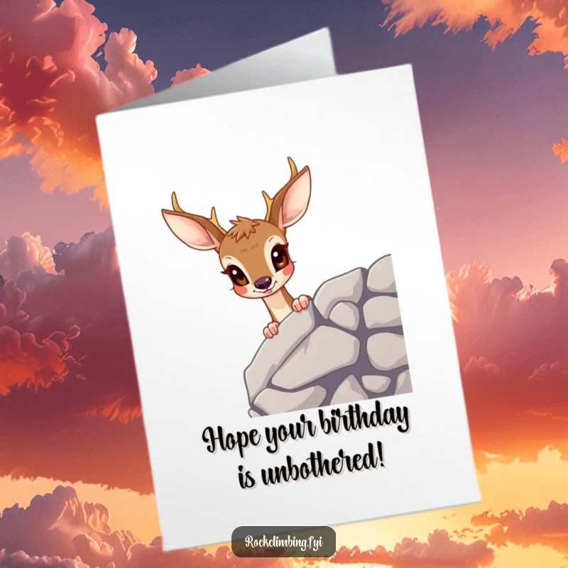 Funny free printable birthday card: a wide-eyed curious deer peeking over a rocky ledge, full of birthday anticipation.