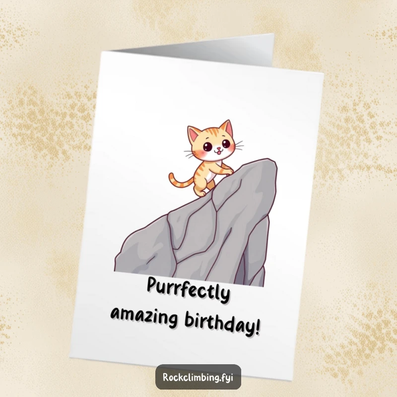 Funny Free Printable Birthday Card: Nimble cat winking as it expertly scales a steep cliff, celebrating a birthday.