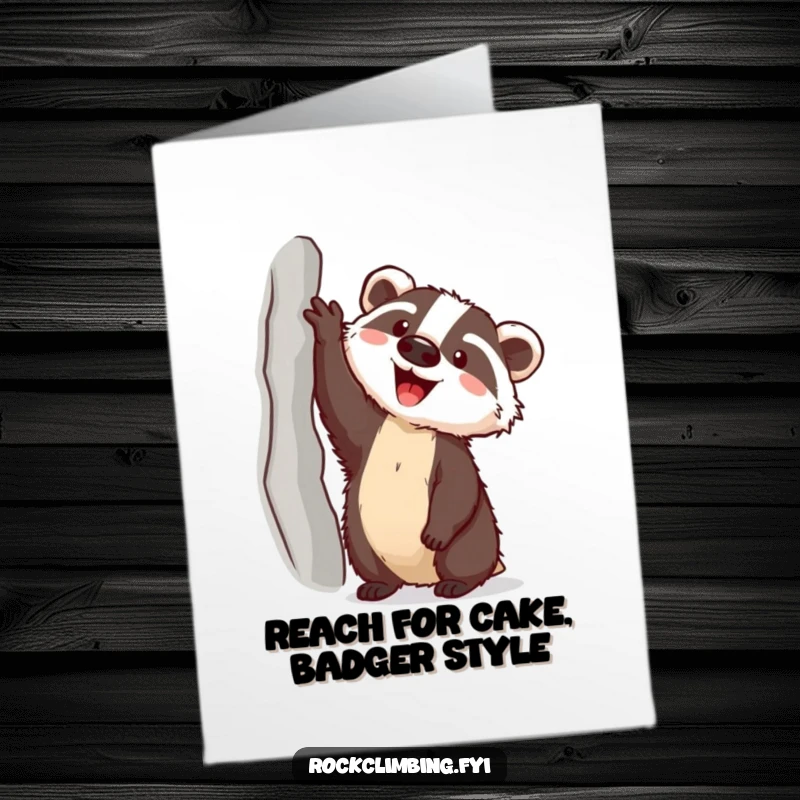 Funny Free Printable Birthday Card featuring a happy badger with a piton, reaching for a high ledge, celebrating success.