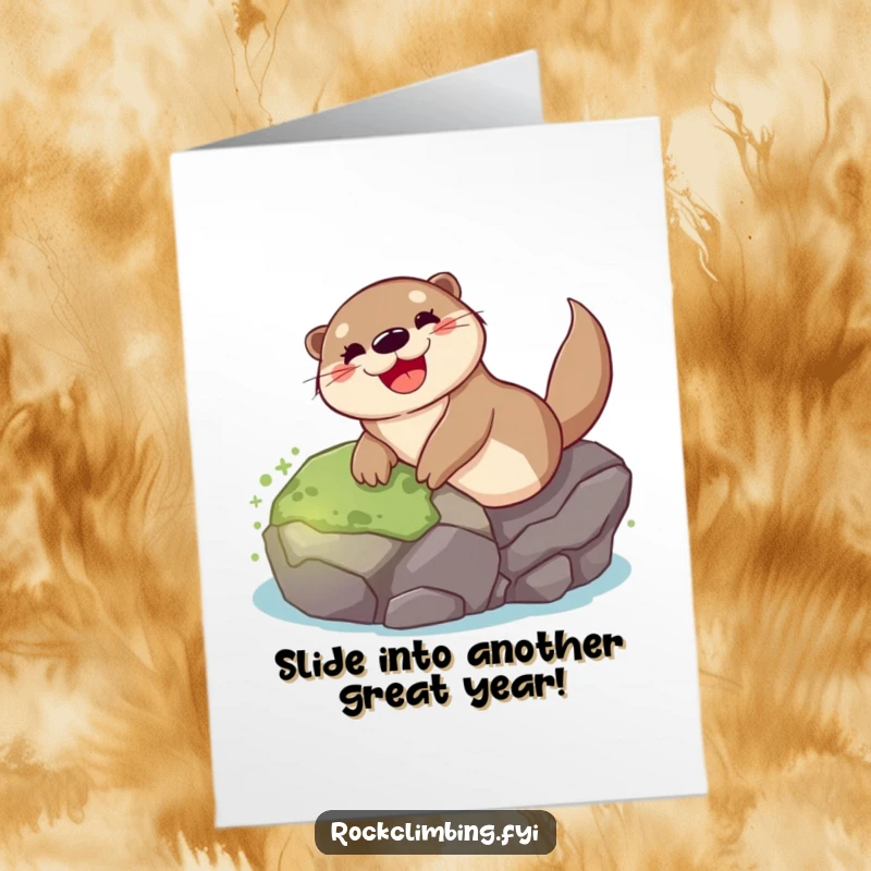 Funny Free Printable Birthday Card: Smiling otter gleefully sliding down mossy rock, perfect for a humorous and joyful DIY gift.
