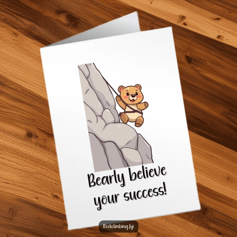 Funny Free Printable Congratulations Card: A bear with a confident stride rappelling down a cliff.