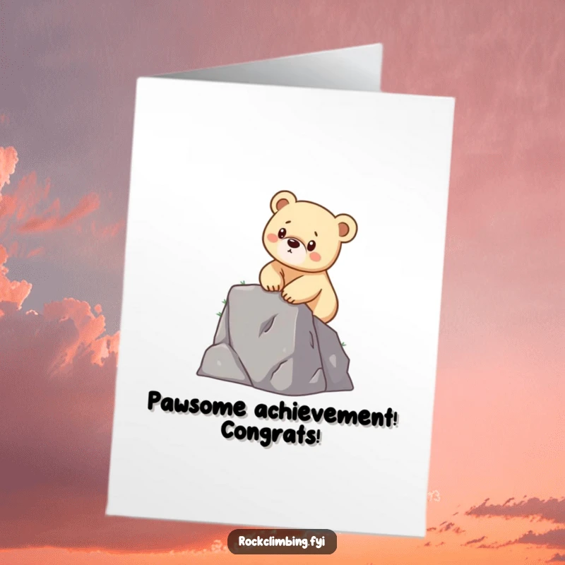 Funny Free Printable Congratulations Card: a determined bear cub actively scales a small cliff with its tiny paws, great for DIY success.