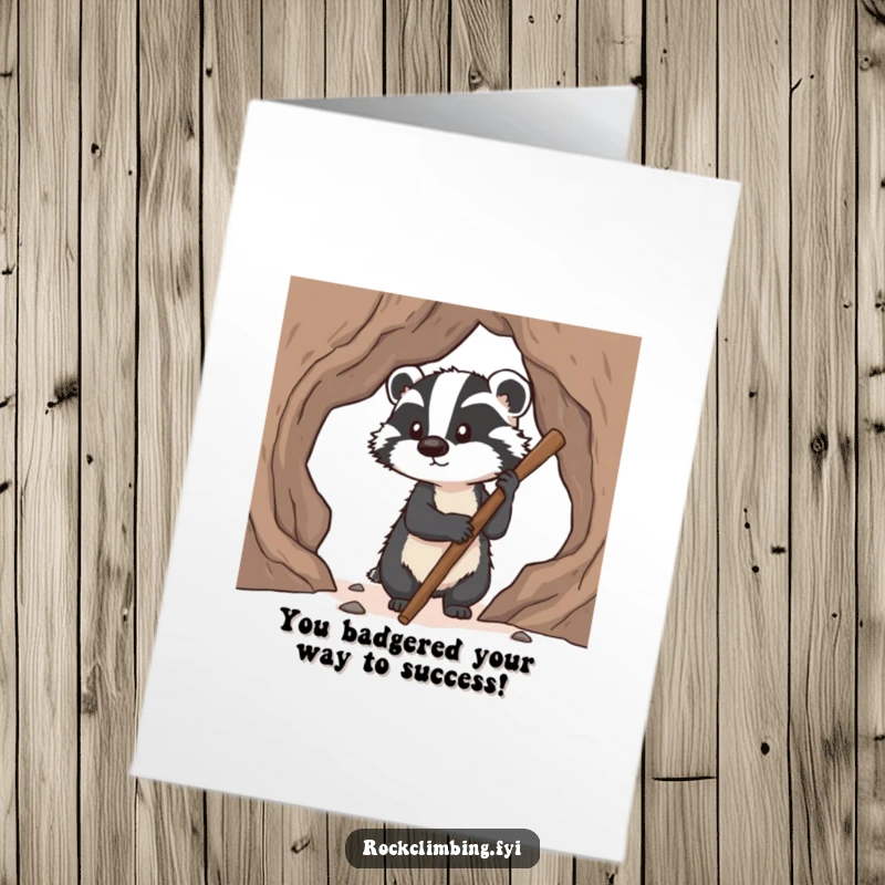 Funny free printable congratulations card: a tenacious badger using a stick to secure pawholds on a steep climb, signifying success.