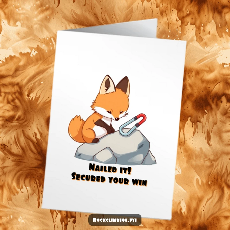 Funny Free Printable Congratulations Card: Focused fox placing a miniature carabiner on a rock, symbolizing a strategic success.