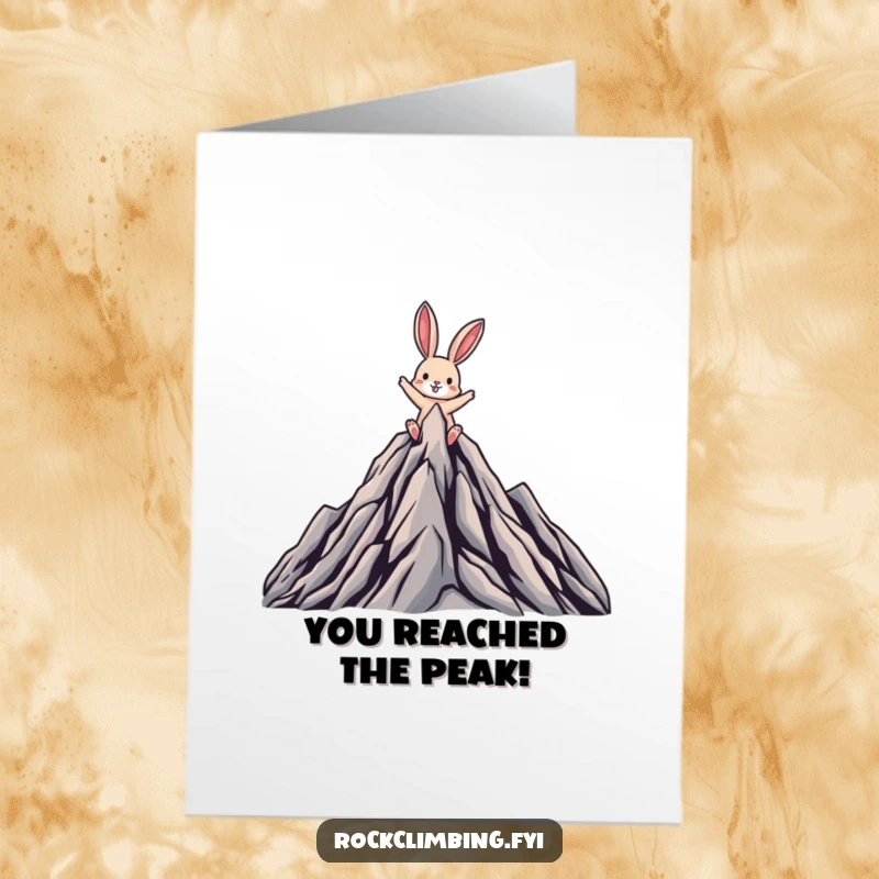 Funny Free Printable Congrats Card: A joyful rabbit celebrating at the craggy mountain peak, pure victory.