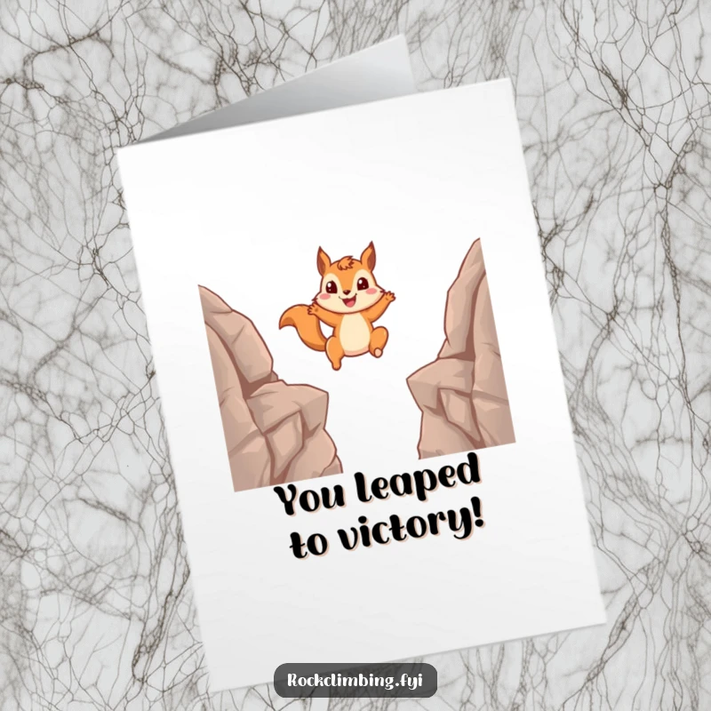 Funny free printable congratulations card depicting a smiling squirrel mid-leap between rocky ledges, celebrating major accomplishments.