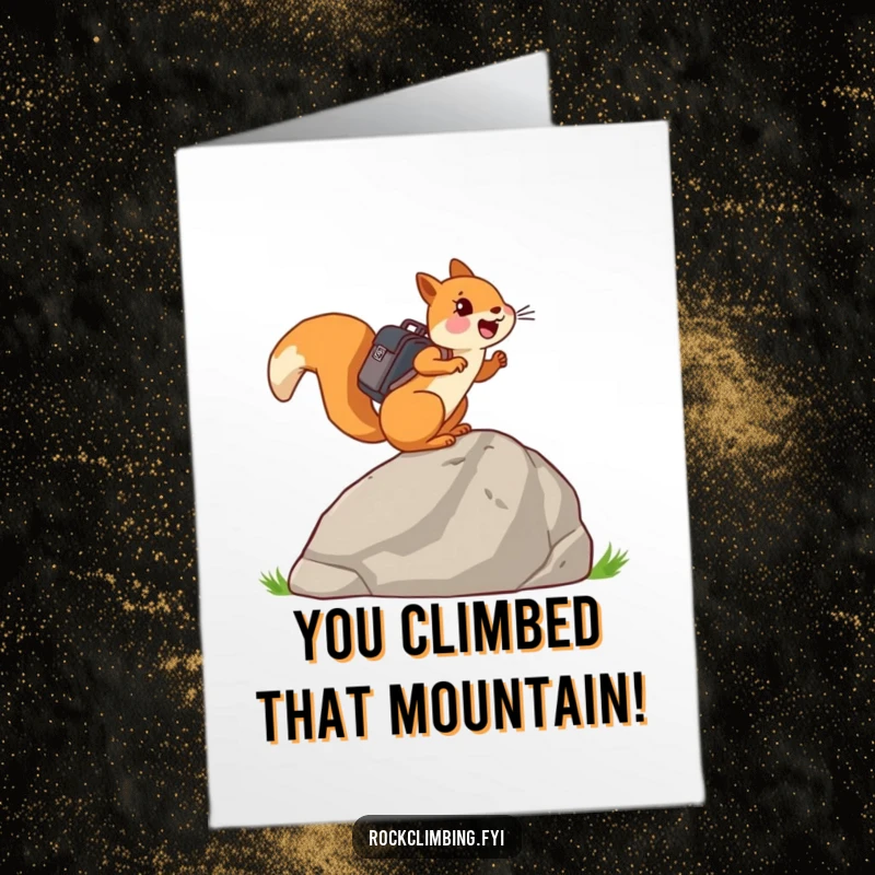 Funny Free Printable Congratulations Card: A happy squirrel with a backpack, ascending a large rock, conveying success, humorous downloadable design.