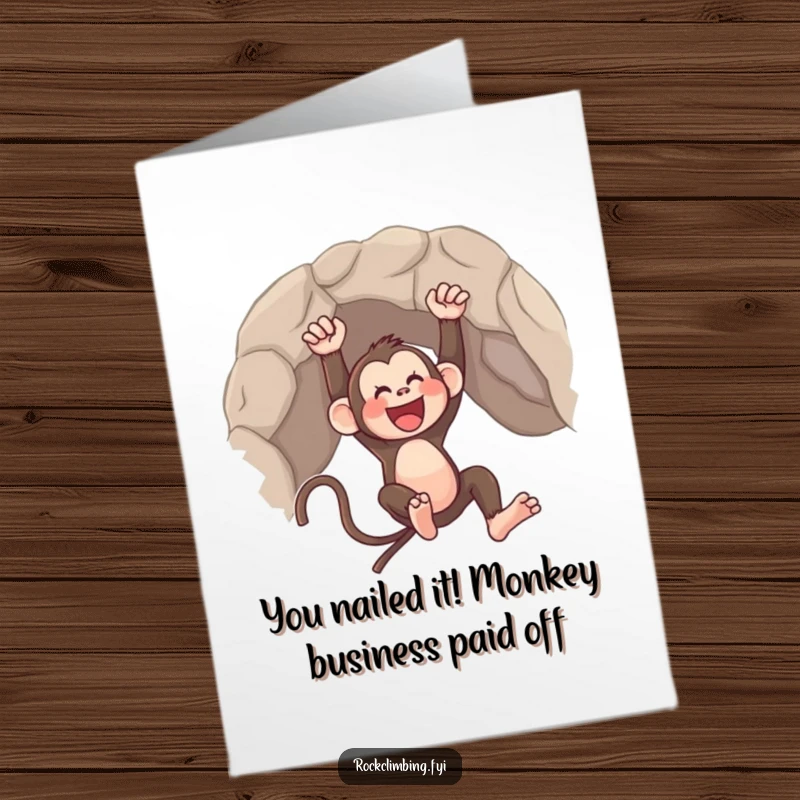 Funny Free Printable Monkey Congratulations Card: A jubilant monkey swinging from a rocky ledge, celebrating your amazing success with wild energy.