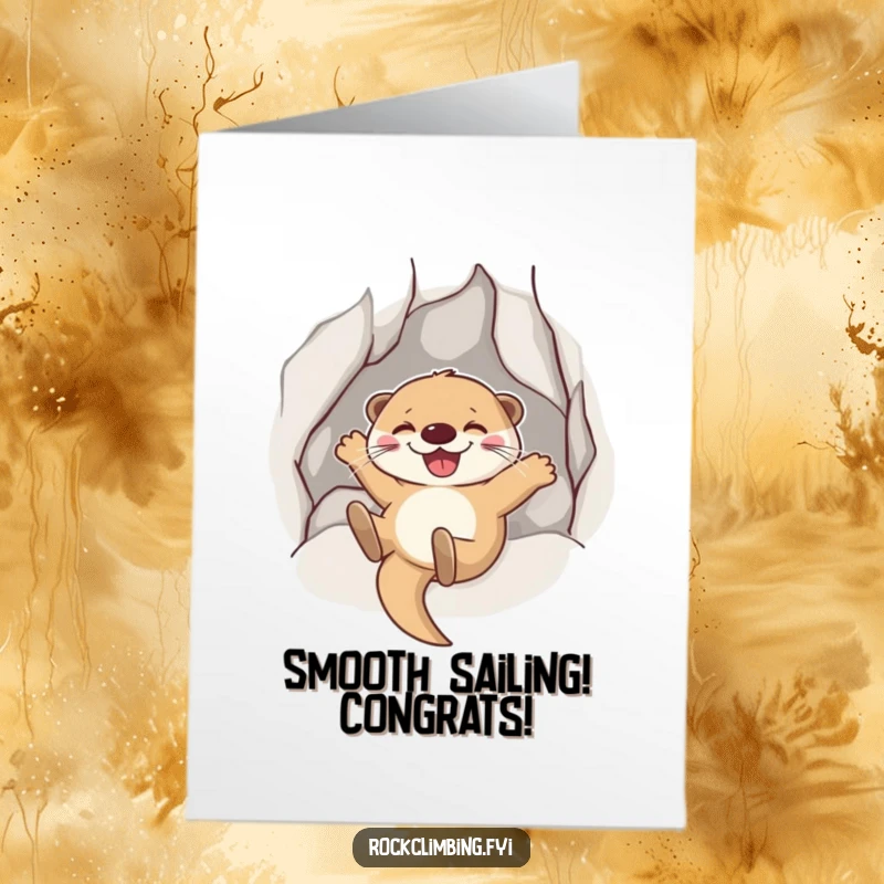 Funny Free Printable Congratulations Card: Joyful otter sliding down a smooth rock face with a huge, happy grin.