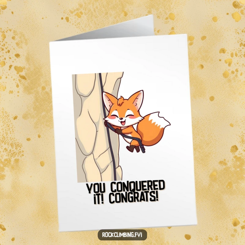 Funny Free Printable Congratulations Card: Energetic fox rappelling down a cliff face with a confident, playful wink.