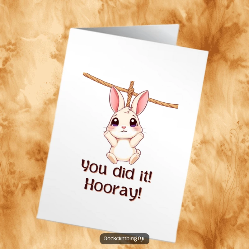 Funny Free Printable Congratulations Card: Curious rabbit dangling from a rope, looking up with wide eyes in surprise.