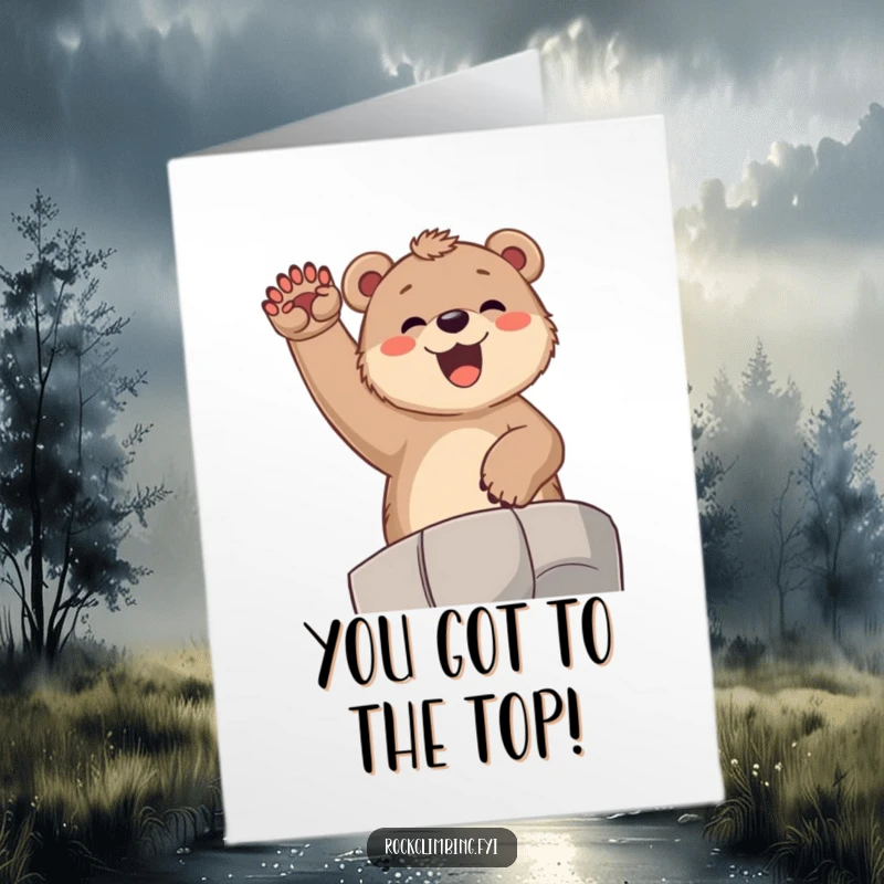Funny Free Printable Congratulations Card: Joyful bear cub cheering from a high ledge, celebrating a momentous success.