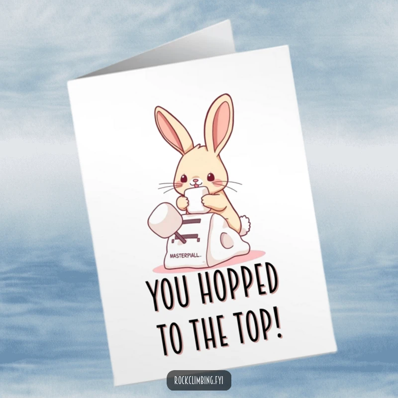 Funny Free Printable Congratulations Card: A cute bunny playfully climbing a fluffy marshmallow, celebrating achievement with joy.