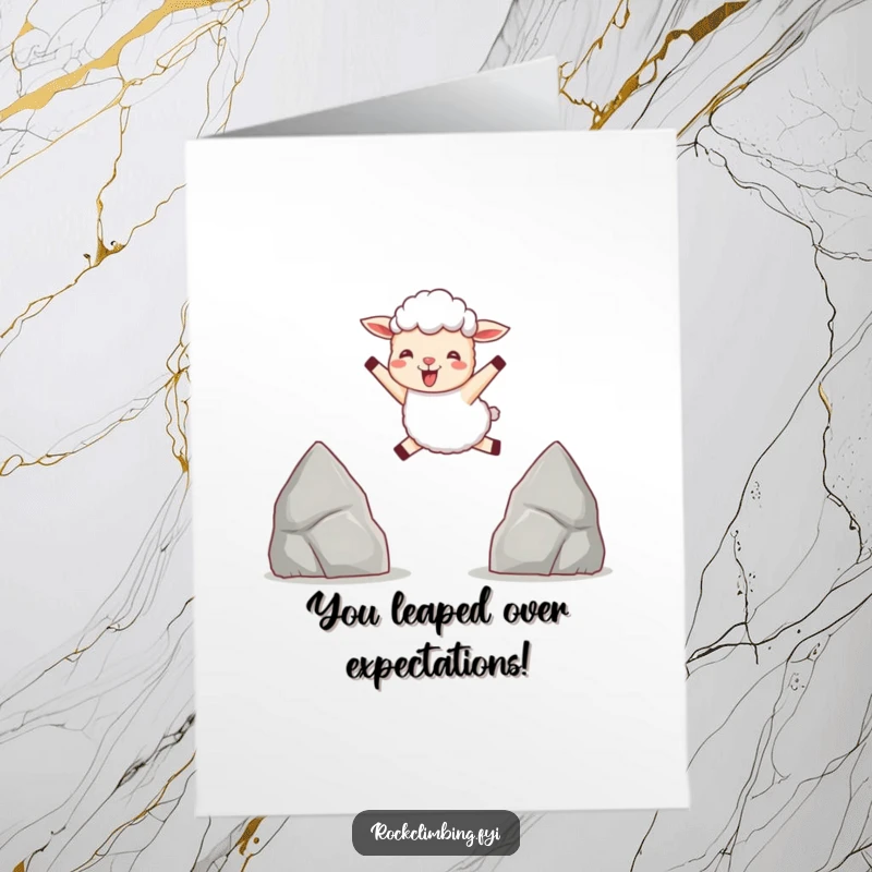 Funny Free Printable Congratulations Card: A delighted sheep leaping energetically between two rocks, signifying a major win.