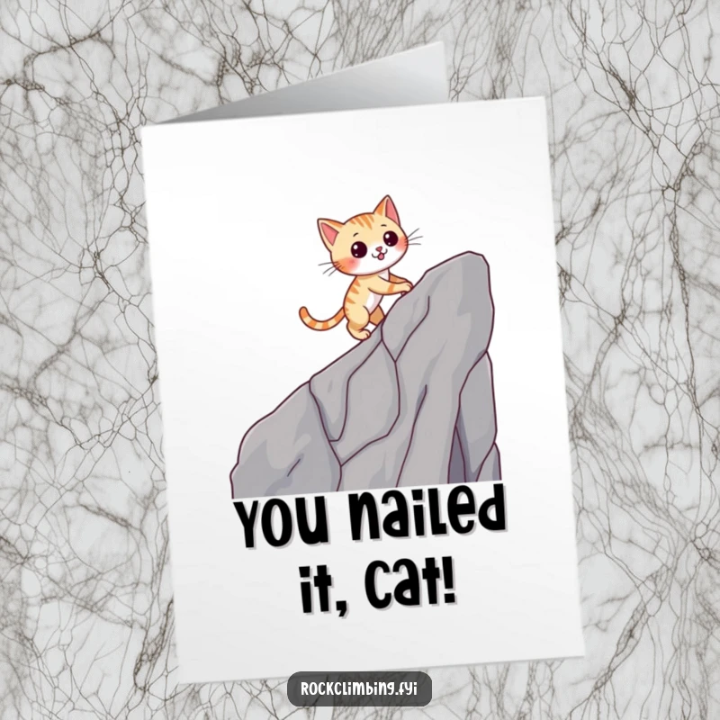 Funny Free Printable Congratulations Card: A agile cat winking while scaling a sheer cliff face with impressive skill.