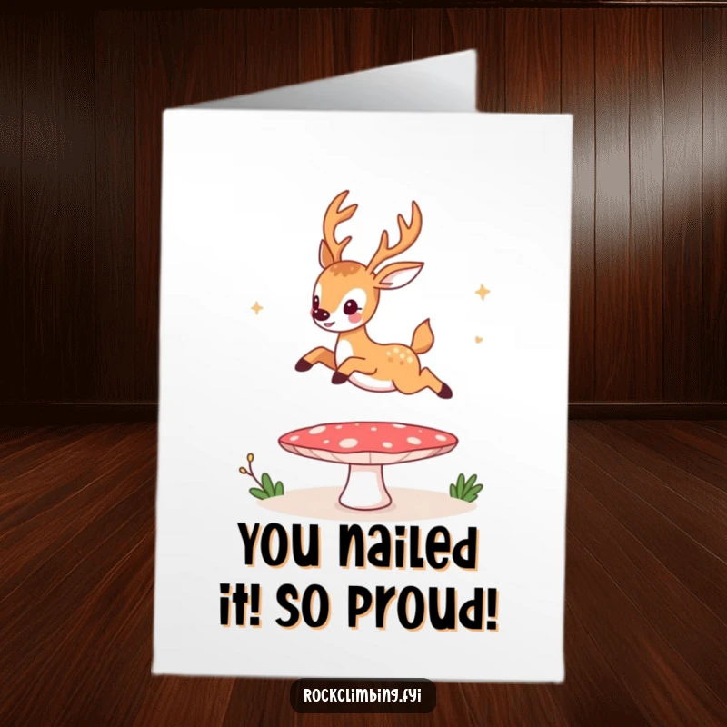 Free Printable Congratulations Card: A comical deer leaping high on a mushroom trampoline, celebrating success.