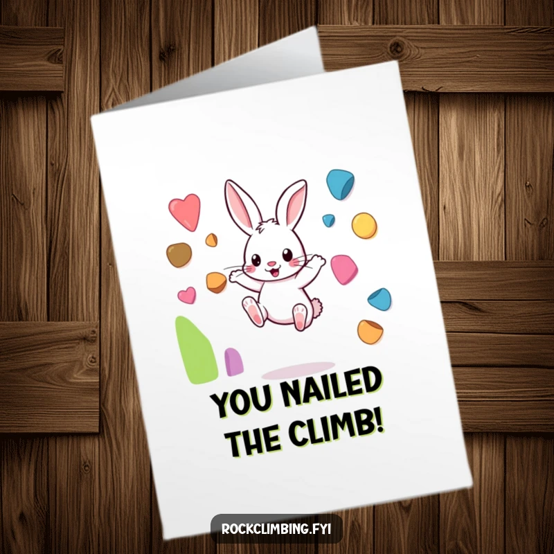 Funny Free Printable Congratulations Card: Energetic rabbit leaping between small, colorful climbing holds, signifying achievement.
