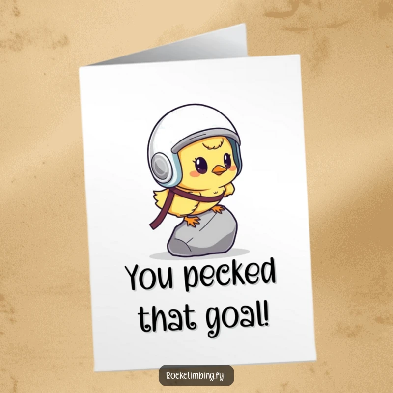 Funny Free Printable Congratulations Card: A chick in a helmet determinedly scaling a pebble, conveying achievement, humorous downloadable design.