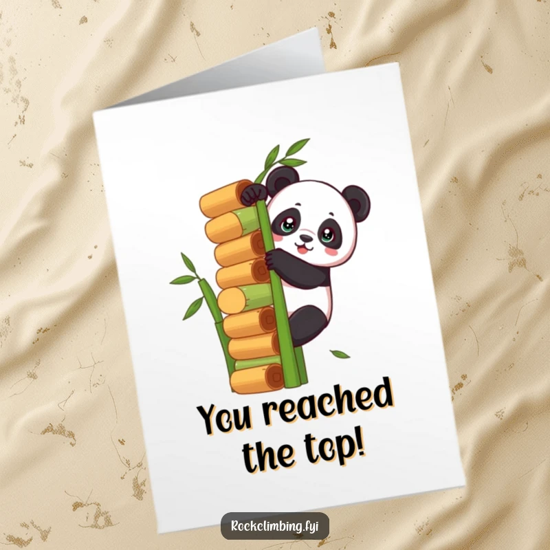 Funny Free Printable Congratulations Card showing a panda scaling bamboo, celebrating hard-earned success with determination.