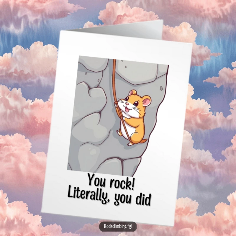 Funny Free Printable Congratulations Card: A brave hamster rappelling down a cliff with a string, celebrating success.