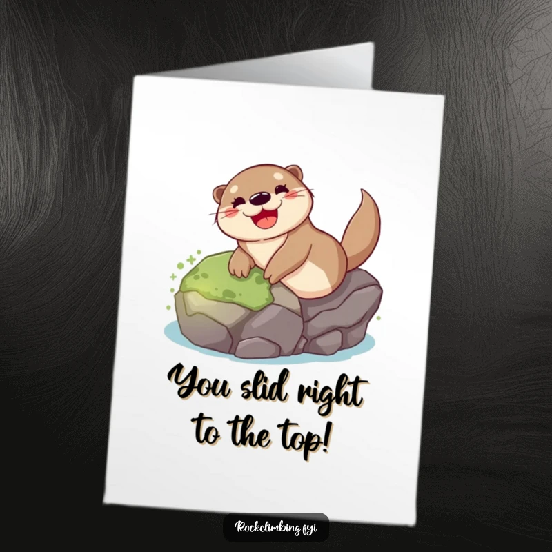 Funny Free Printable Congratulations Card: Joyful otter sliding down a mossy rock, ideal for celebrating achievements with humor.