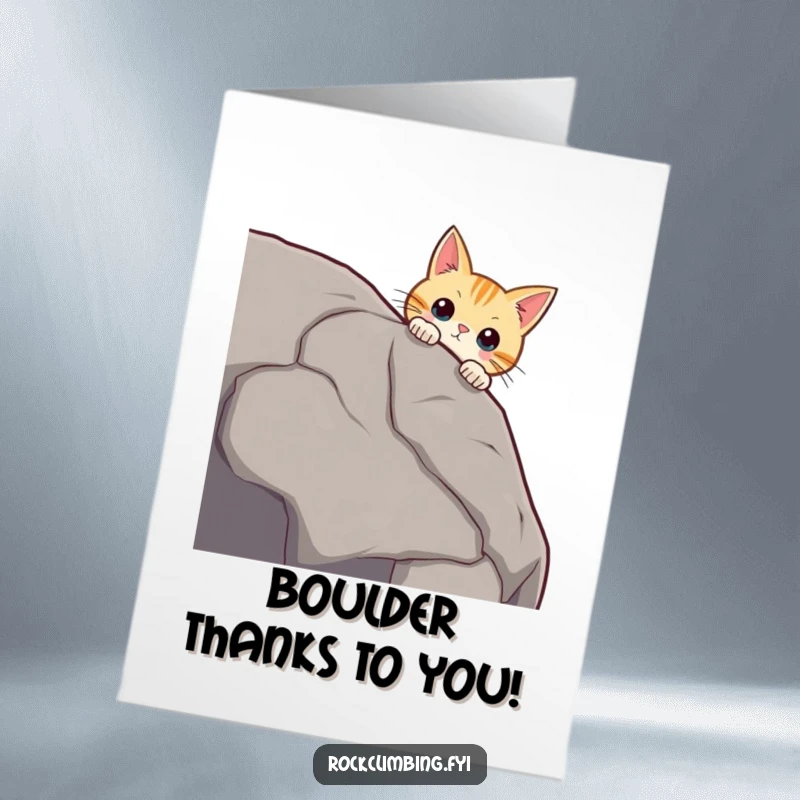 Funny Free Printable Thank You Card: A curious cat with twitching whiskers peeking intently over the edge of a giant boulder.