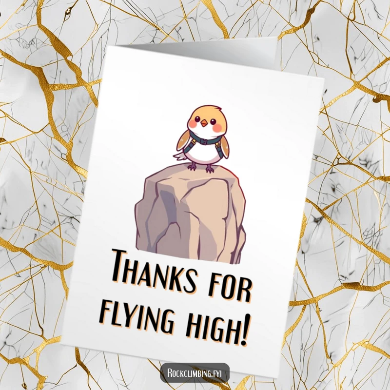 Funny Free Printable Thank You Card: A small bird in a harness sits on a high rock, sending heartfelt thanks.