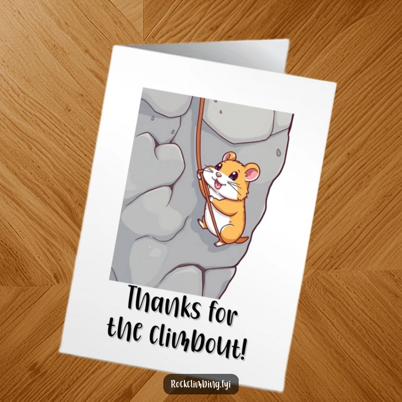 Funny Free Printable Thank You Card: A playful hamster rappelling down a rock face with a string, expressing thanks.