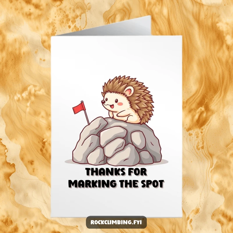 Funny Free Printable Thank You Card: Happy hedgehog carefully places a flag atop a rocky peak, showing sincere thanks.