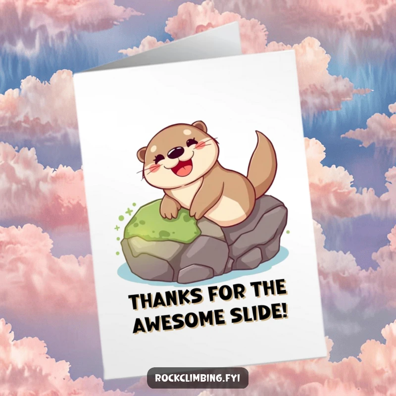 Funny Free Printable Thank You Card: Otter sliding down a rock, conveying appreciation with a splash of humor and fun.