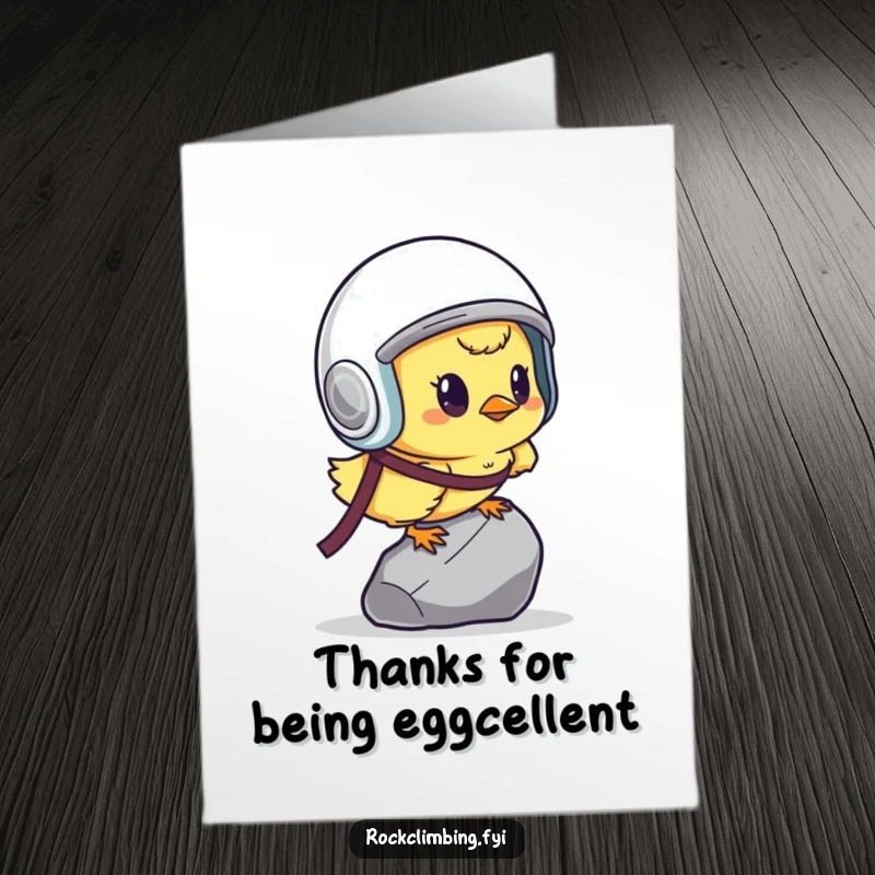 Funny Free Printable Thank You Card: A determined chick in a helmet scaling a pebble, humorous downloadable design.