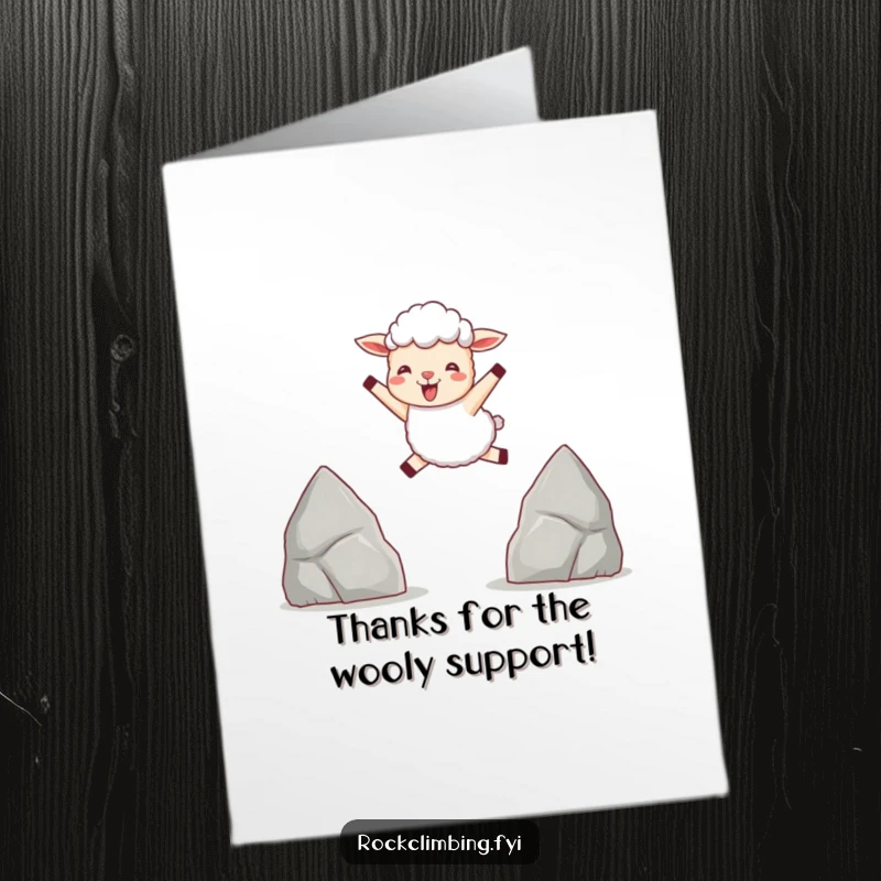Funny Free Printable Thank You Card: A delighted sheep leaping between rocks, conveying thanks with great enthusiasm.