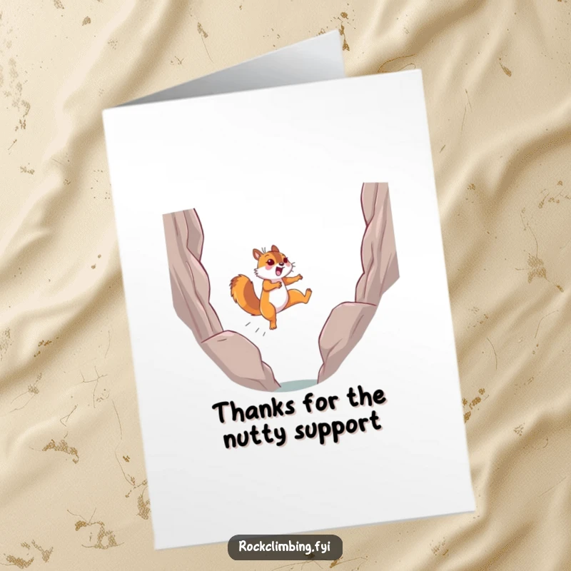 Funny Free Printable Thank You Card of a determined squirrel mid-leap across a chasm between two rocks.