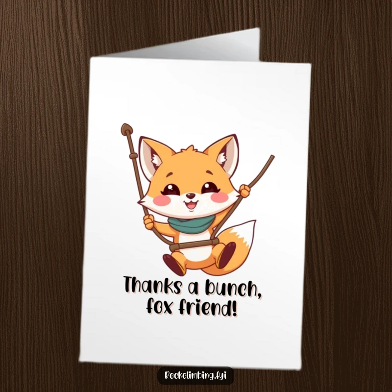 Funny Free Printable Thank You Card: A brave fox swinging with a cheerful expression, perfect for expressing gratitude.