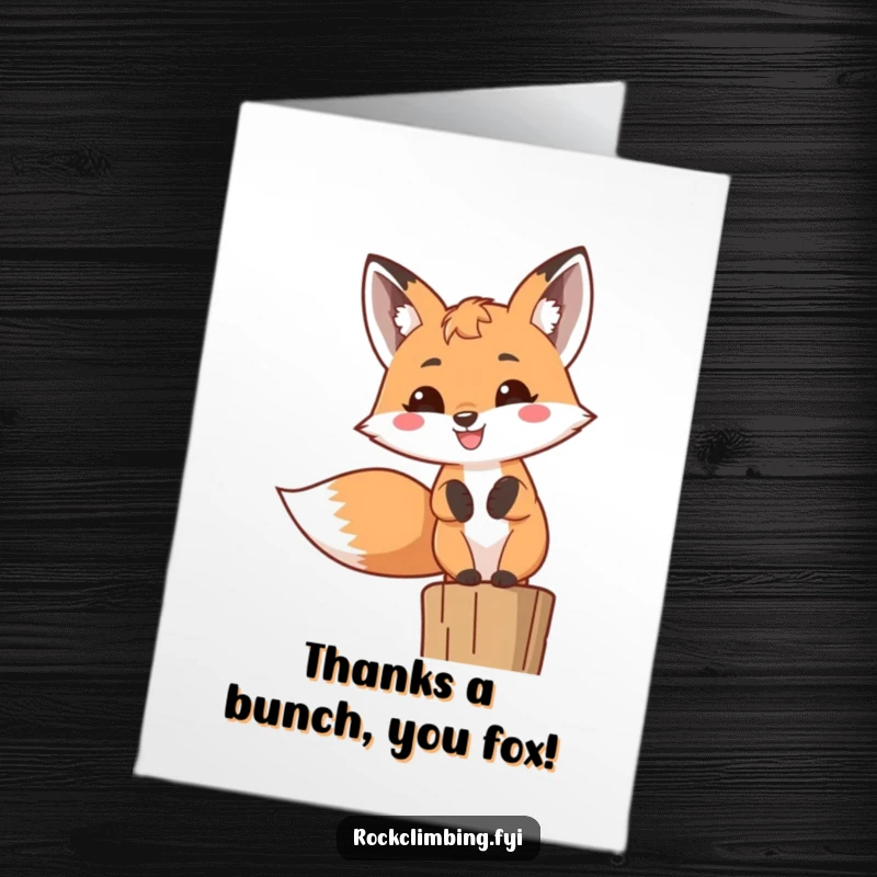 Funny Free Printable Thank You Card: A cheerful fox with a wide, toothy grin perched high, conveying thanks with a humorous expression.